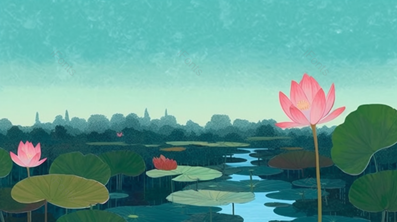 夏至唯美池塘里的荷叶荷花插画手绘背景,插画/手绘图,插画/手绘图库,插画/手绘图下载,插画/手绘